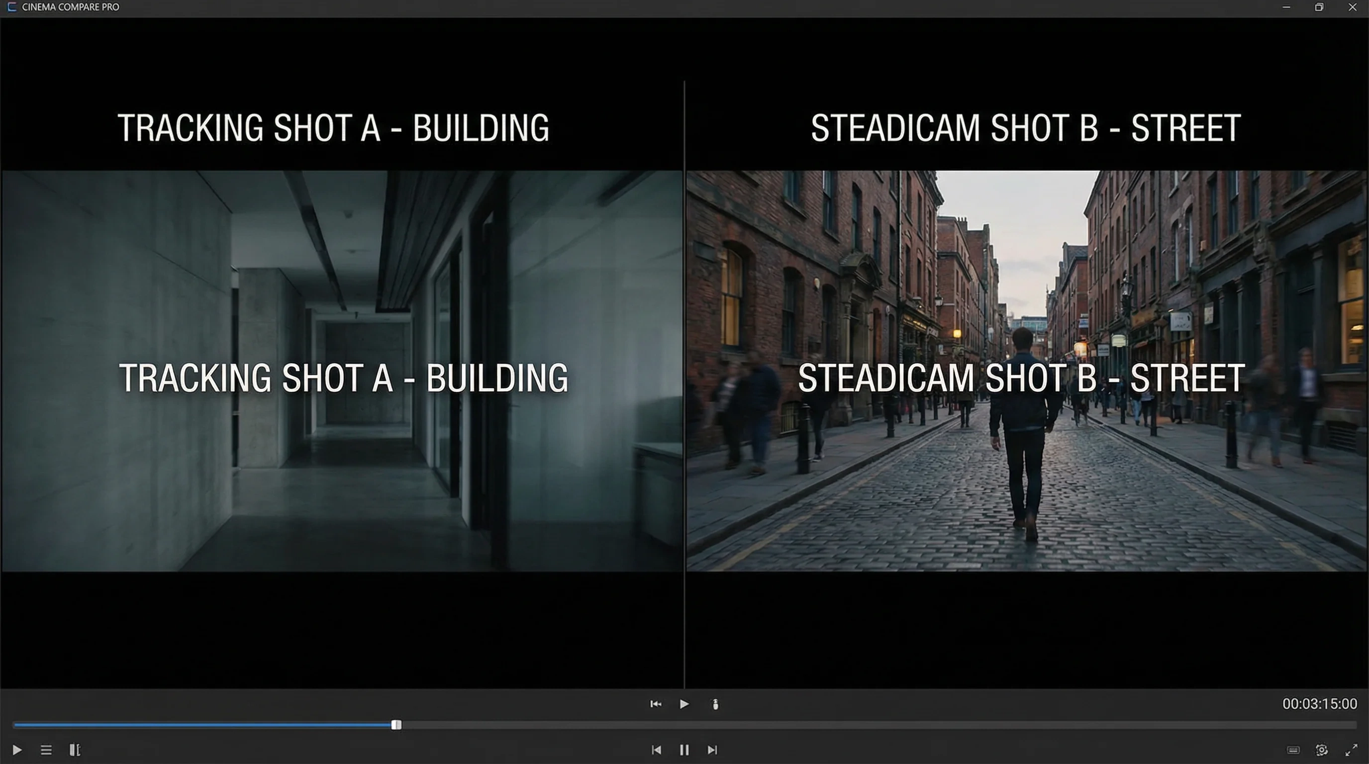 分屏对比功能演示 - 左侧跟踪镜头与右侧斯坦尼康镜头对比